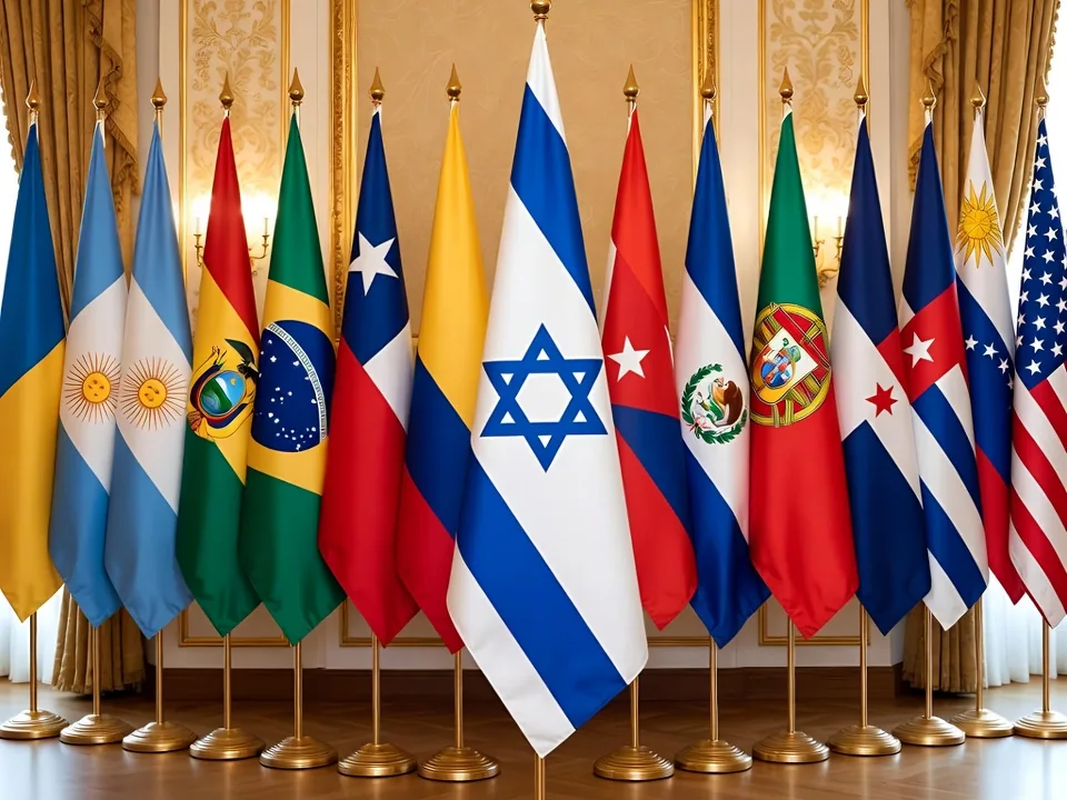 Banderas de Israel y de países de Iberoamérica en un salón institucional